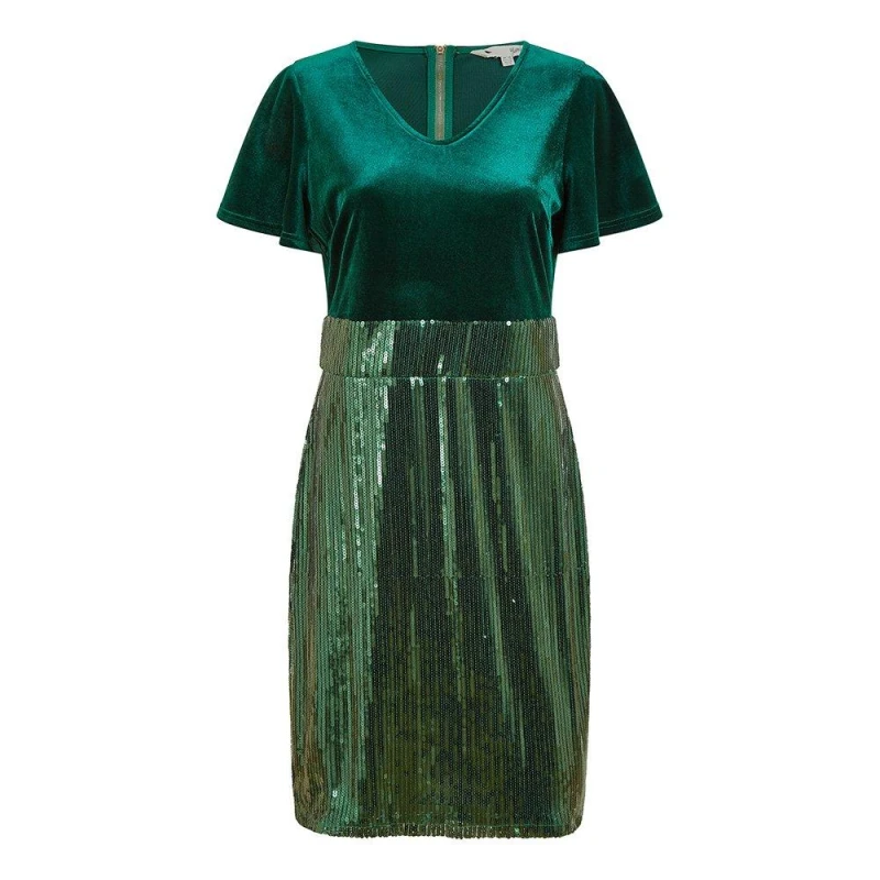 Image of Yumi Green Velvet And Sequin Fitted Dress Green