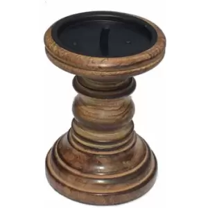 Image of Rustic Antique Carved Wooden Pillar Church Candle Holder [[Light Brown,Small 13cm]