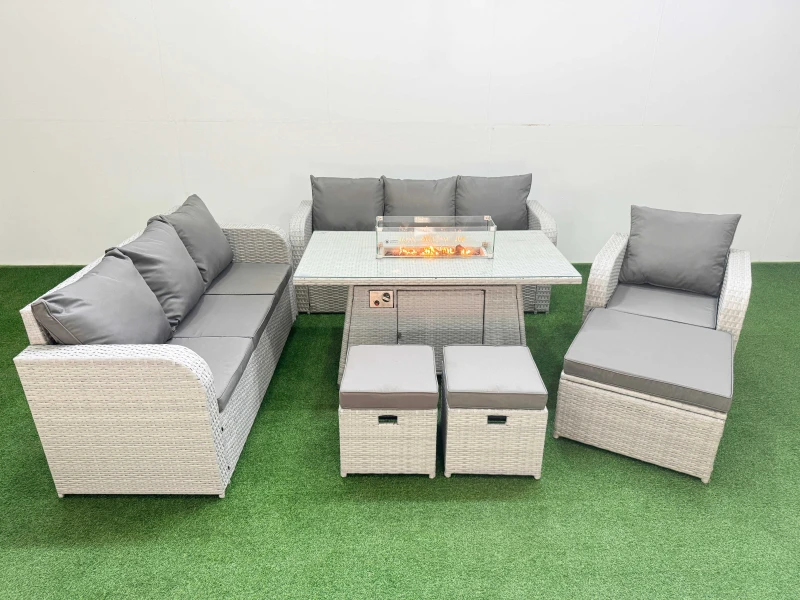 Image of Fimous 10 Seater Poly Rattan Outdoor Garden Furniture Firepit Dining Table Sofa Set Patio 3 Seater Sofa Reclining Chair 3 Seater Sofa 3 Stools Light G