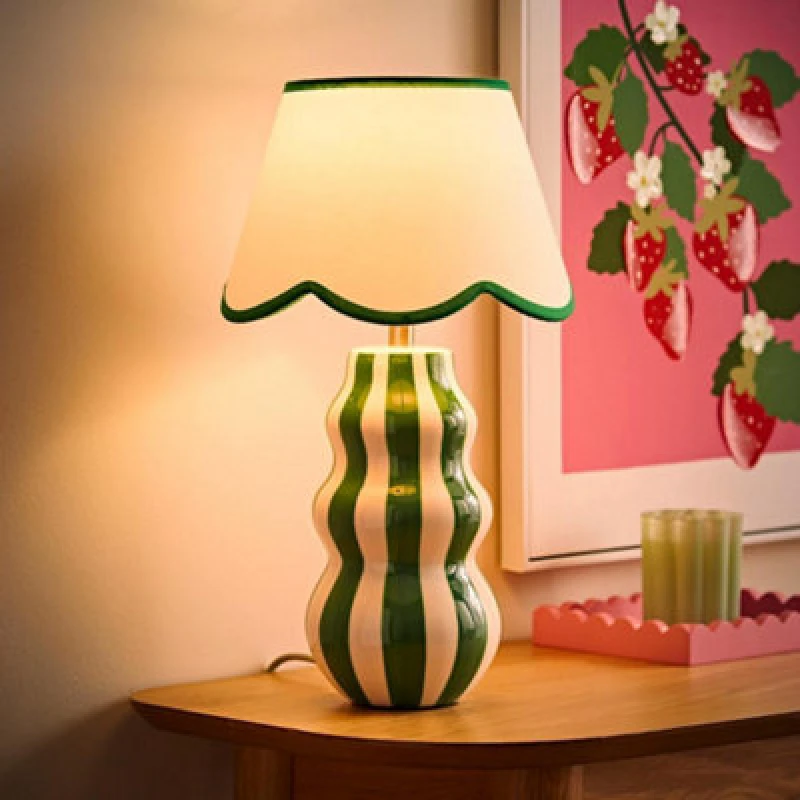 Image of ValueLights ValueLights Everie Green Stripe Table Lamp with Scalloped Lamp Shade and Bulb in Bright Green Bright Green One Size Unisex 5059406071065