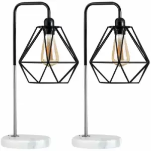 Image of Minisun - 2 x Talisman Marble Base Table Lamps in Brushed Chrome - Black Shades - No Bulb