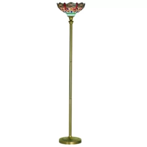 Dragonfly 1 Light Floor Lamp Antique Brass, Tiffany Glass, Red, Blue, E27