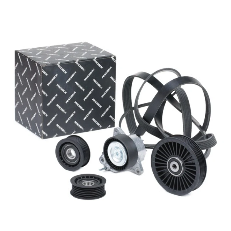 Image of RIDEX 542R0722 V-ribbed belt set with tensioner arm, tensioner pulley EPDM (ethylene propylene diene Monomer (M-class) rubber) V-Ribbed Belt Set (542)