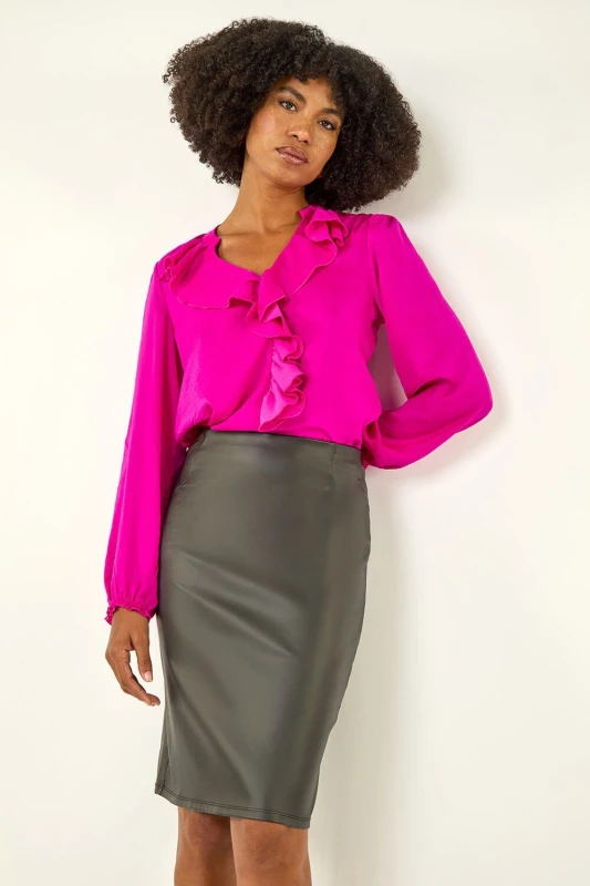 Image of Roman Faux Leather Pull On Pencil Skirt Metallic Silver female