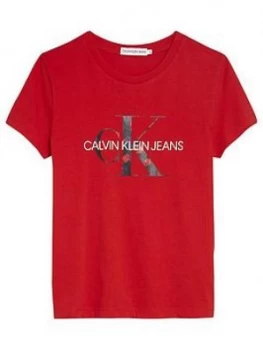 Image of Calvin Klein Jeans Girls Short Sleeve Monogram T-Shirt, Red, Size Age: 8 Years, Women