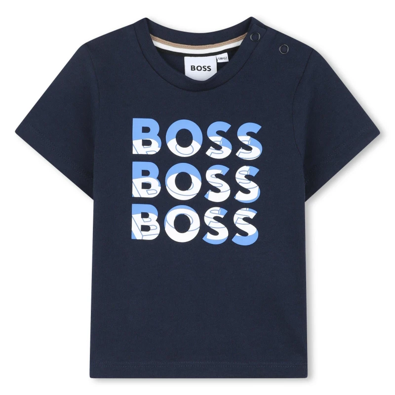 Image of Boss Kids Multi Logo Soft Fabric T-Shirt Navy 849 male 3Y