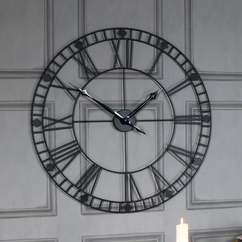 Image of Melody Maison Large Black Iron Skeleton Wall Clock 88cm X 88cm Black
