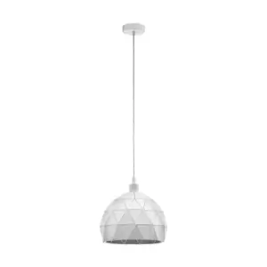 Image of Pendant Ceiling Light White Steel Round Faceted Shade White Flex Bulb E27 1x60W