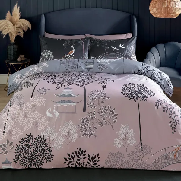 image of Sara Miller Pagoda Garden Duvet Set, Super King, Blush & Grey