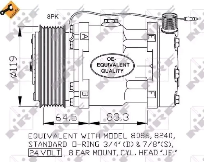 Image of NRF 32770 AC Compressor EASY FIT, PAG 46, Refrigerant: R134a, with PAG compressor oil, with gaskets/seals Compressor,air conditioning (447)
