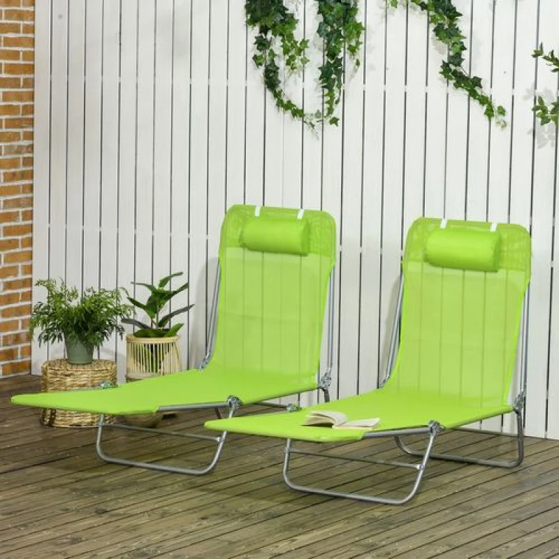 Image of Outsunny 2 Piece Folding Sun Loungers with Adjustable Backrest, Pillow, Green 84G-181V00GN