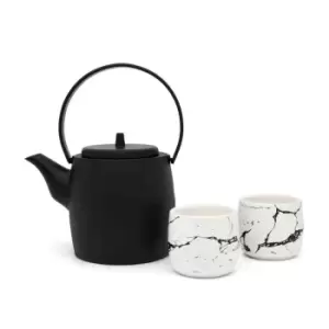 image of Bredemeijer Gift Set With Kobe Design Teapot 1.2L In Cast Iron Black With 2 Porcelain Cups - Black & White