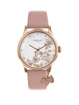 Image of Radley Botanical Floral White And Rose Gold Dog Charm Dial Pink Leather Strap Ladies Watch