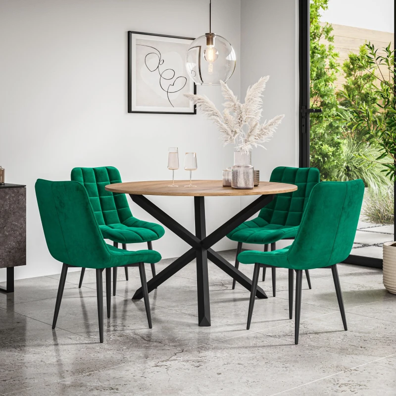 Image of More4Homes Malvern Round Dining Table And Chairs - Oak Table Top W Solid Black Oak Legs + Nova Velvet Dining Chair Set Of 4 (Green)