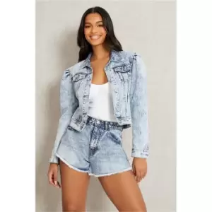 Image of I Saw It First Acid Wash Puff Sleeve Denim Jacket - Blue