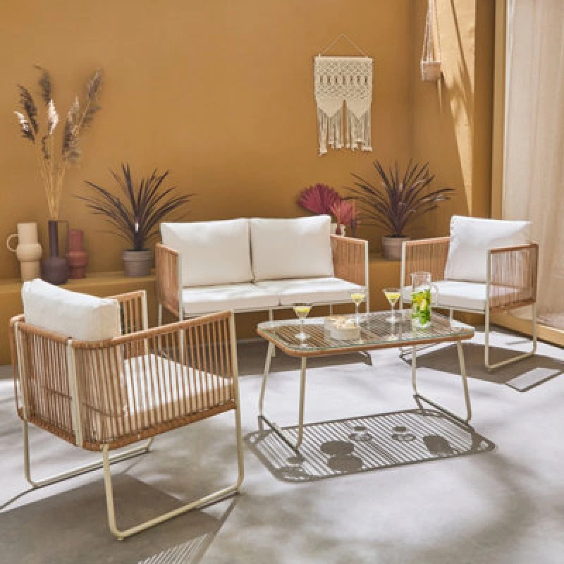 Image of Sweeek - 4-Seater Garden Sofa Set With Plastic Ropes In Galvanised Steel Cesena Natural 115X60X68 Cm