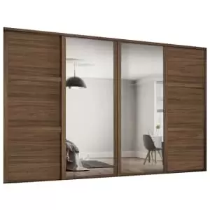 image of Spacepro Shaker 2 x 914mm Carini Walnut 3 Panel Door/ 2 x Silver Mirror Kit with Colour Matched Track