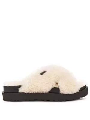 image of UGG Ugg Fuzz Sugar Sustainable Cross Slide Slipper, Natural/Black, Size 4, Women