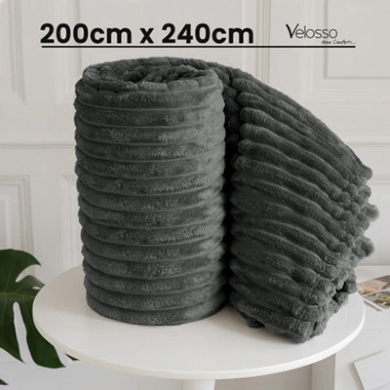 Image of Velosso Elegant Thermal Plush Ribbed Throw Blanket In Modern Style For Sofa, Bed In 200Cm X 240Cm - Charcoal