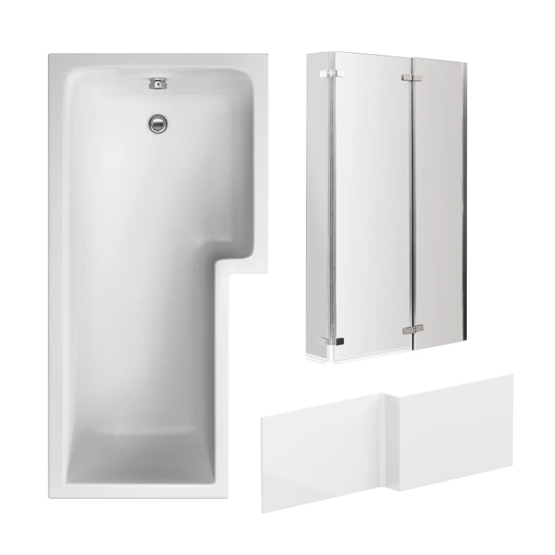Image of Balterley L Shape Bathtub Front Panel and Screen with Double Hinge Chrome Silver