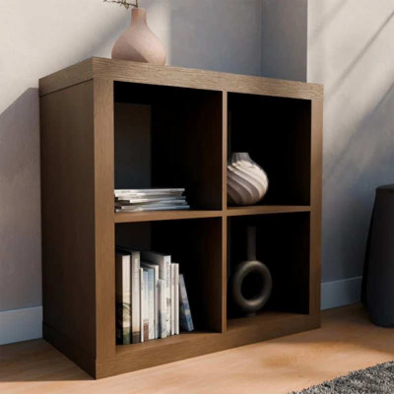 Image of 2-Level Cubic Bookshelf With 4 Compartments Walnut - Sweeek