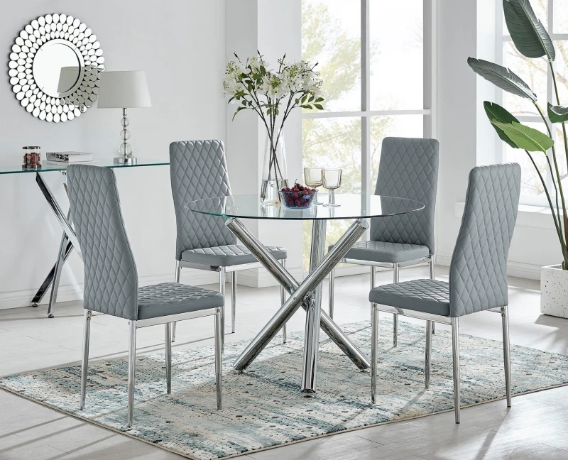 Image of FurnitureboxUK FurnitureboxUK Selina Chrome Round Glass Dining Table and 4 Milan Dining Chairs in Grey Size: 4 Person Grey 4 Person Unisex 505654265