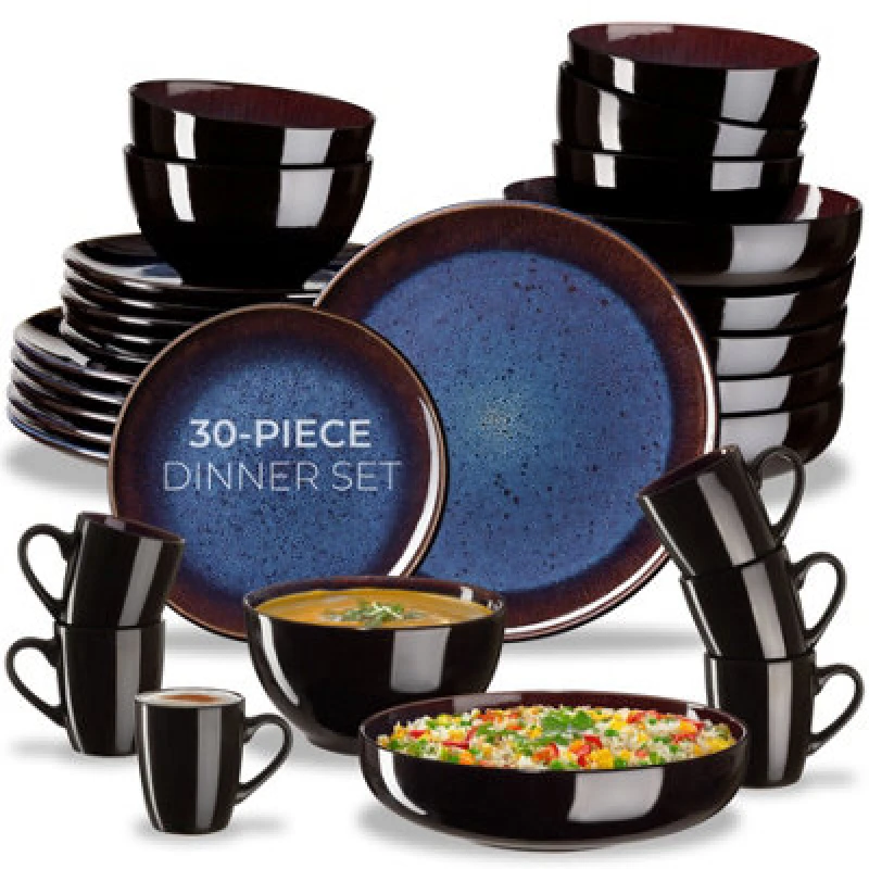 Image of Tectake 30 PC Dinner Set Mare In Glazed Stoneware For 6 People, Microwave- And Dishwasher-Safe - Blue/brown
