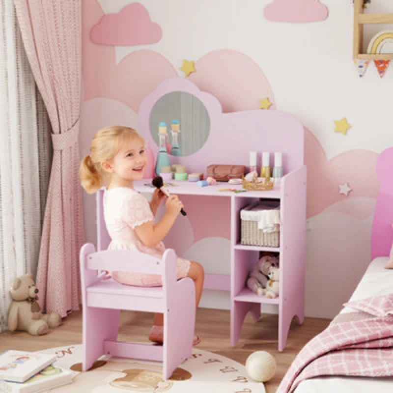 Image of Aiyaplay Kids Dressing Table With Mirror, Stool, Vanity Table, Purple