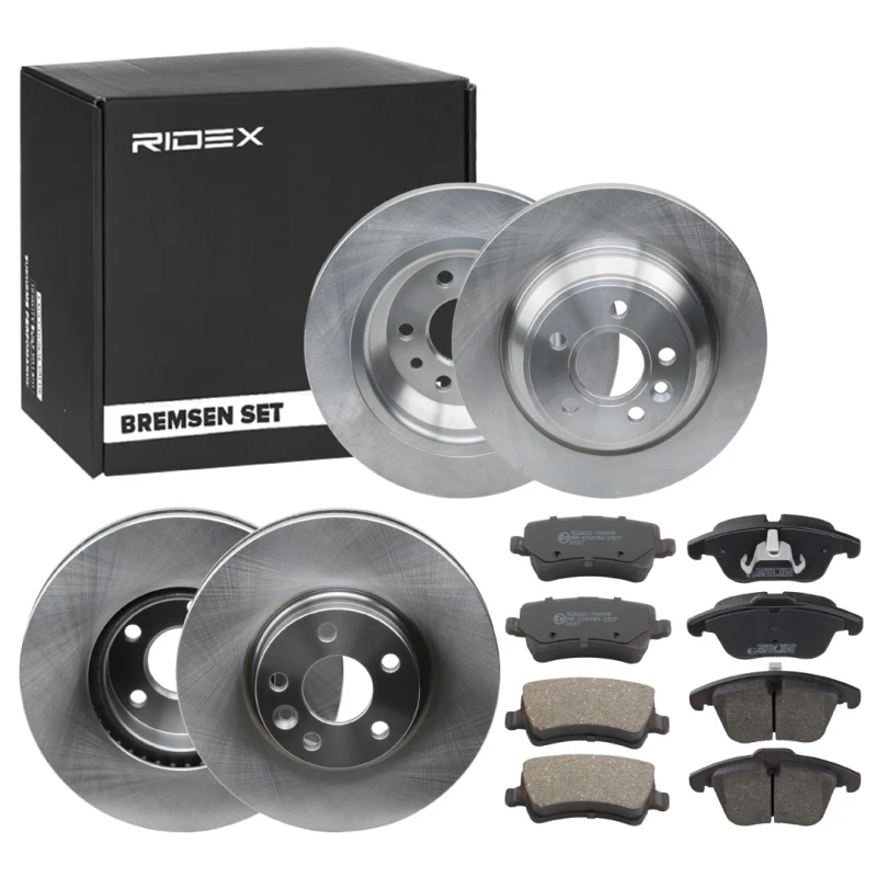 Image of RIDEX 3405B1719 Brake disc and pads set Front Axle, Brake Disc Type: Vented, not prepared for wear warning indicator, with piston clip Brake Set,disc