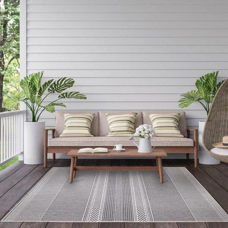 Image of THE RUGS Reversible Outdoor Rugs in Fine Line Design Duo Weave Collection in Grey Size: 120cm x 170cm Grey Unisex 120cm x 170 cm