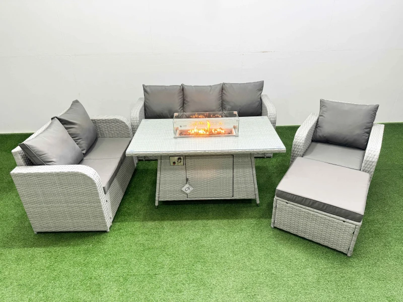 Image of Fimous Patio PE Wicker 7 Seater Outdoor Rattan Furniture Sofa Sets with Firepit Dining Table Reclining Chair Loveseat Sofa 3 Seater Sofa Big Footstool
