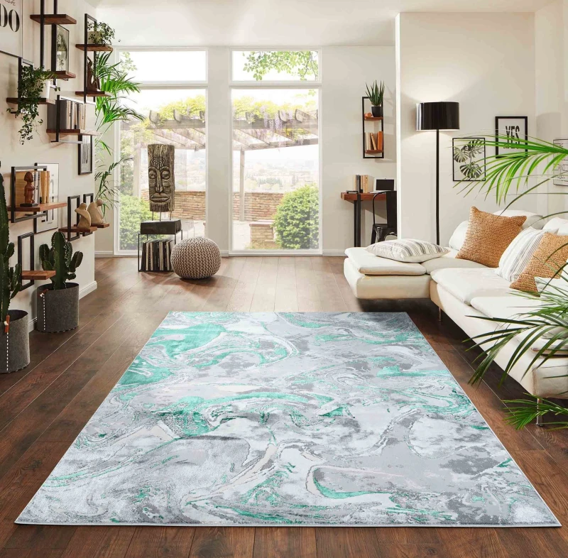 Image of Solarius Modern Grunge Marbling Abstract Area Rugs Aqua 160X230 Cm