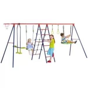 image of Outsunny 6 In 1 Metal Garden Swing Set, Kids Swings with Double Swings, Climbing Frame, Glider, Trapeze Bar, Basketball Hoop