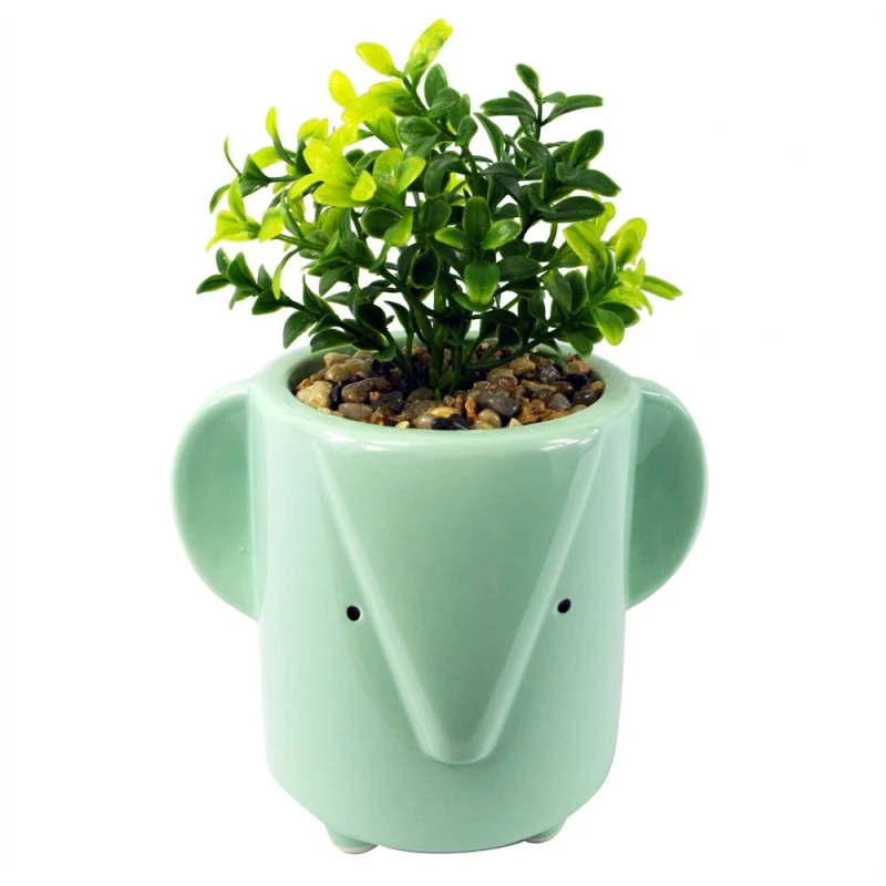 Image of Leaf 20cm Ceramic Blue Elephant Planter with Artificial Foliage Plant Blue unisex