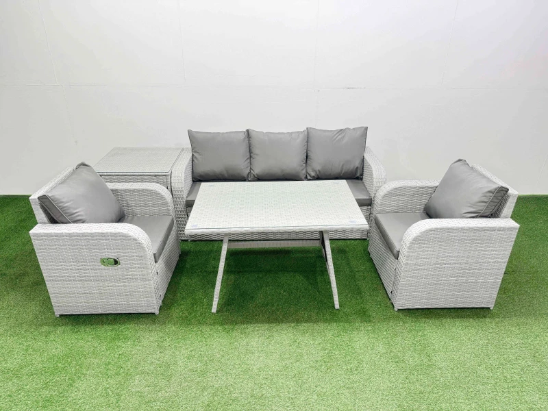 Image of Fimous Reclining Chair 3 Seat Sofa Set Garden Furniture Set Side Table in Light Grey Light Grey Unisex