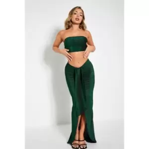 Image of I Saw It First Glitter Ruched Drape Midi Skirt - Green