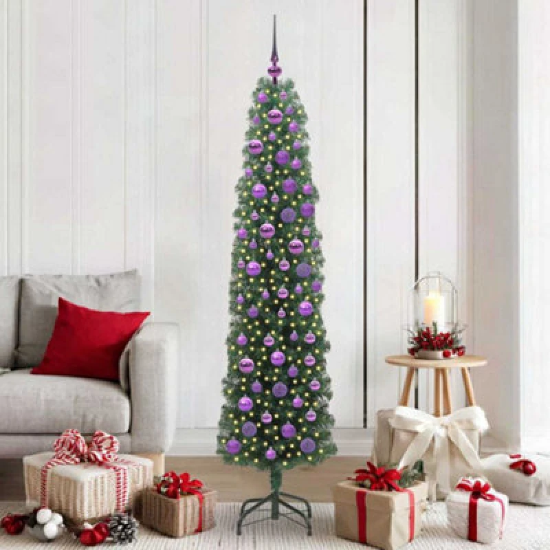 Image of vidaXL Artificial Christmas Tree with 300 LEDs, Lilac Balls with Stand Green 180 x 48 cm, Green 3394949