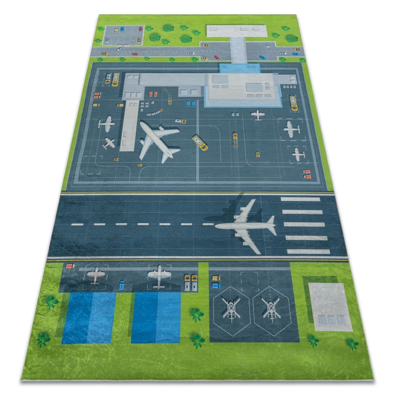 Image of RugsX Bambino 46990 Washing Carpet Airport, Airplanes For Children Anti Slip - Green / G 120X170 Cm