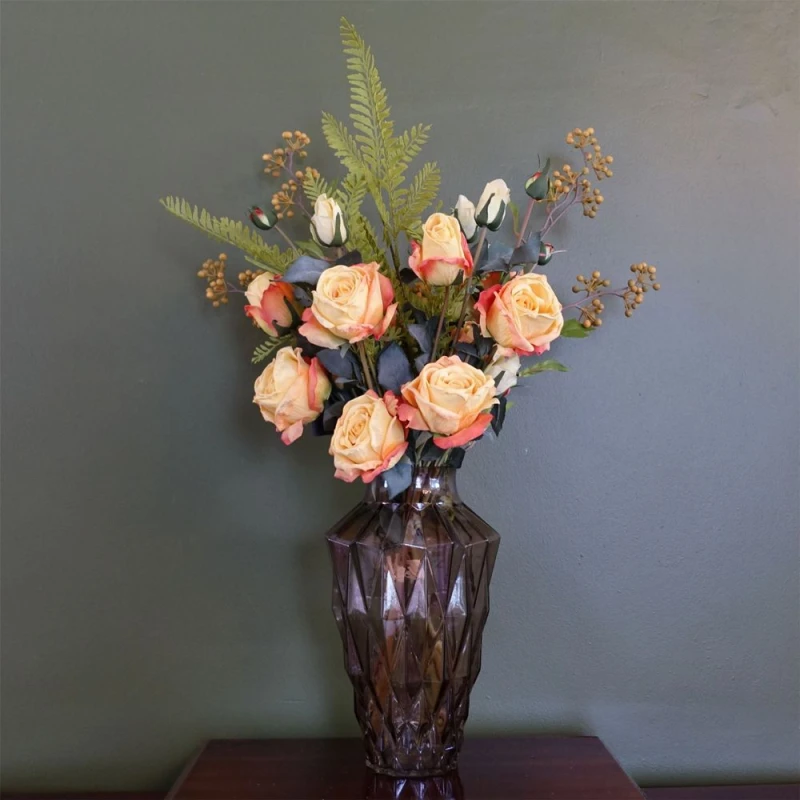 Image of Leaf 65cm Yellow Rose Geometric Glass Vase - Professional Quality Artificial Flower Arrangement