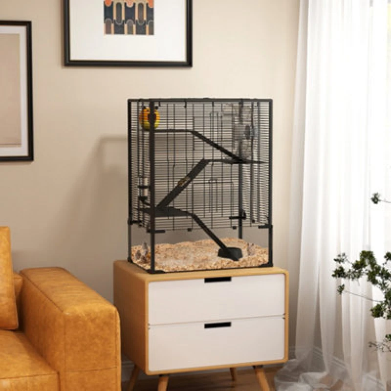 Image of PawHut 4 Tiers Hamster Cage with Deep Tempered Glass Bottom - 60 x 40 x 80cm TJ Hughes Black 5063603434684