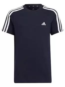 image of adidas Essentials Kids Boys 3 Stripe Short Sleeve T-Shirt - Dark Blue, Dark Blue, Size 7-8 Years