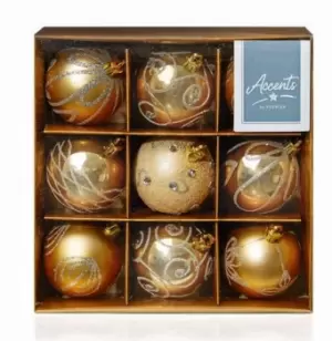 image of Premier Decorations 9 x 60mm Decorated Balls, Champagne Gold