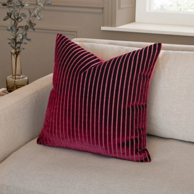 Image of Paoletti Paoletti Savoy Stripe Velvet Cushion in Burgundy Size: 50cm x 50cm Burgundy 50cm x 50cm Unisex 5025532356512