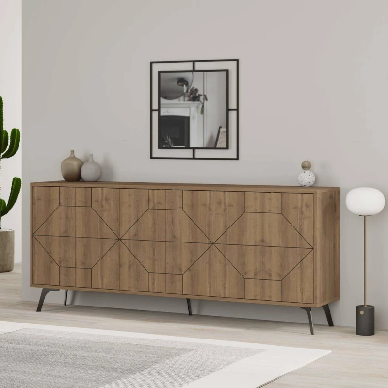 Image of Decortie Sideboard Large 181X77.4Cm 6 Door Storage Cabinet Particleboard Dark Oak Effect, Brown 8683628015179