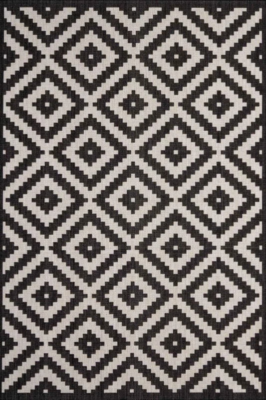 Image of THE RUGS Outdoor Indoor Geometric Diamond Rug Black Ivory Weather Resistant Size: 120cm x 170cm Black Unisex 120cm x 170 cm
