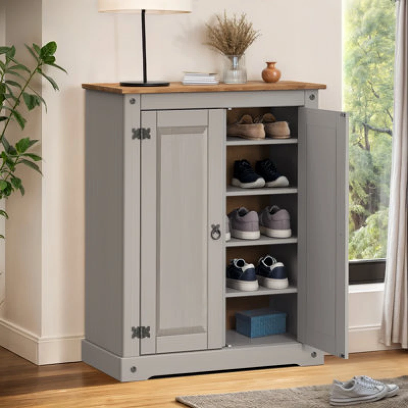 Image of Mercers Furniture Corona Grey Wax 2 Door Shoe Cupboard Rack Solid Wood Pine Wooden