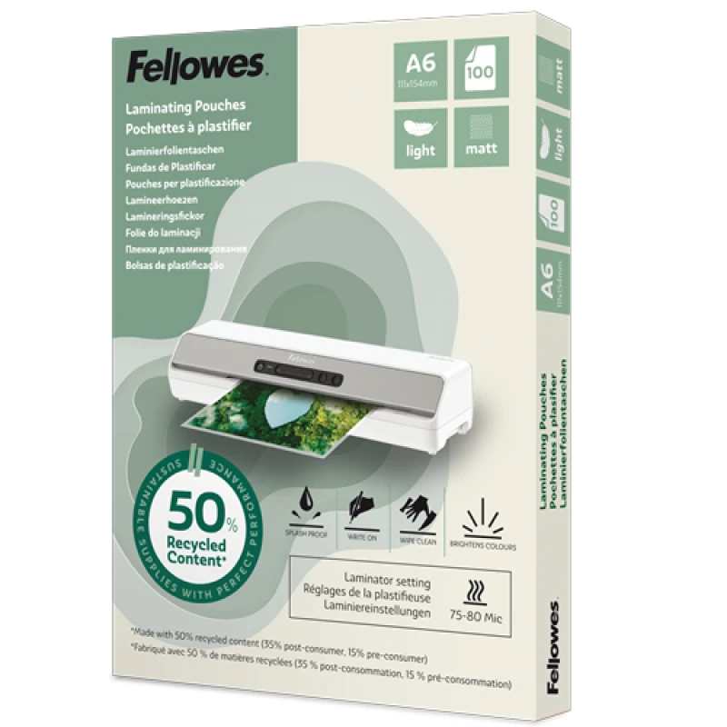 Image of Fellowes Fellowes Recycled Laminating Pouches 80 Micron A6 Matt (Pack of 100) 100143438 100143438