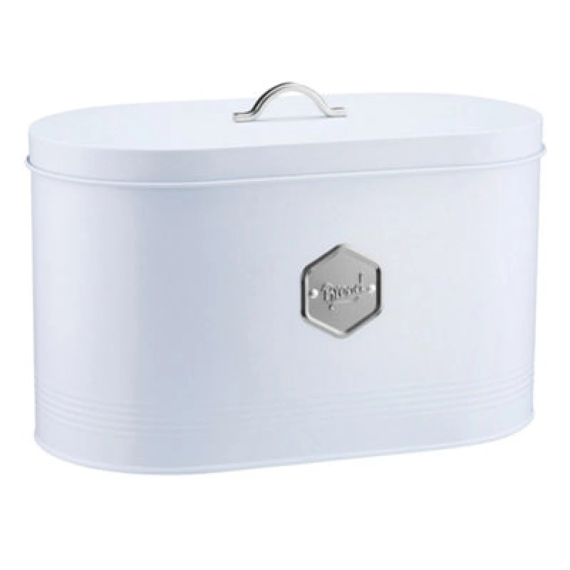 Image of Cooks Professional Bread Bin - Modern Kitchen Countertop Labelled Metal Storage Canister Breathable Container - White & Silver