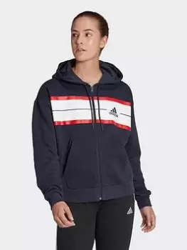 Image of adidas Essentials Pinstripe Block Fleece Full-zip Loose Fit Hoodie, Blue Size M Women