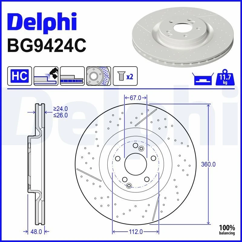 Image of DELPHI Brake disc DELPHI BG9424C